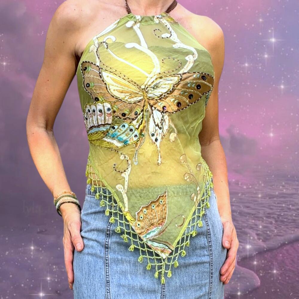 Y2K Handmade Silk Butterfly Halter Top Beaded Fairycore Handkerchief Fringe